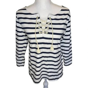 Gap Women’s XS Black & White Stripe 3/4 Sleeve Sailor‎ Nautical Lace Up Top